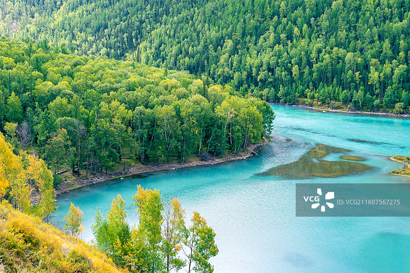 新疆阿勒泰的喀纳斯景区的风景，阳光下的喀纳斯神仙湾、月亮湾、卧龙湾景色绝美，森林茂密，河水清澈图片素材