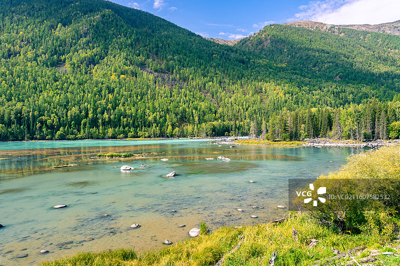 新疆阿勒泰的喀纳斯景区的风景，阳光下的喀纳斯神仙湾、月亮湾、卧龙湾景色绝美，森林茂密，河水清澈图片素材