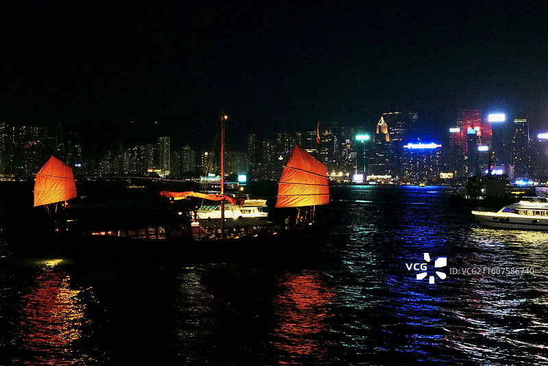 香港维多利亚港日落黄昏及夜景风光图片素材