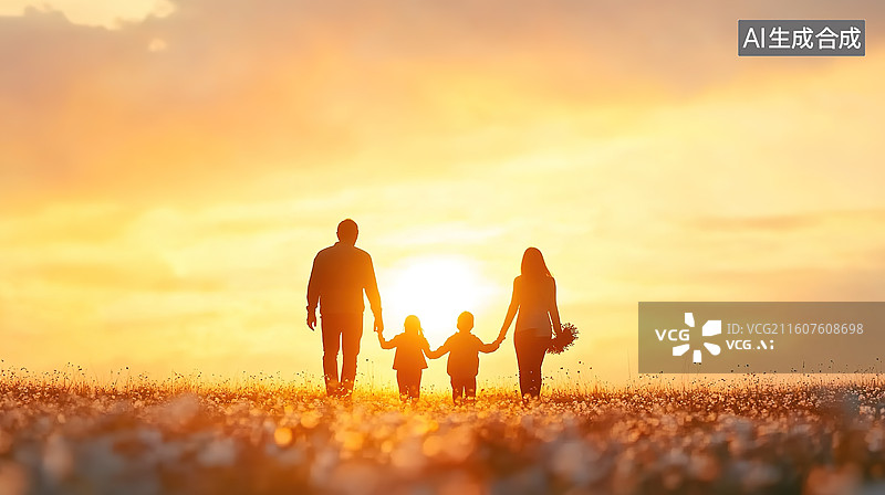 【AI数字艺术】幸福的一家四口走在夕阳黄昏中插画——二孩生育概念图片素材