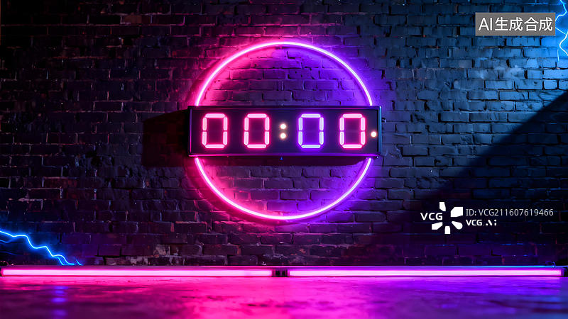 【AI数字艺术】霓虹数字时钟与砖墙背景图片素材
