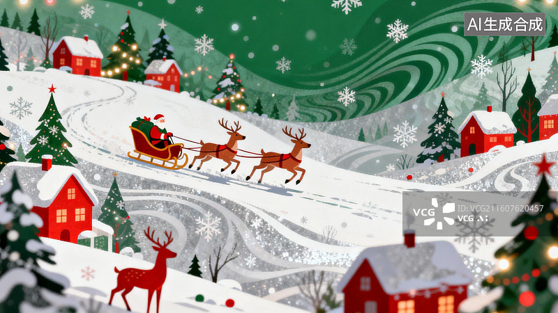 【AI数字艺术】圣诞雪景中的驯鹿雪橇图片素材
