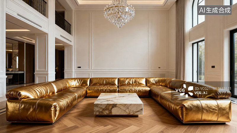 【AI数字艺术】金色皮质沙发的豪华客厅图片素材