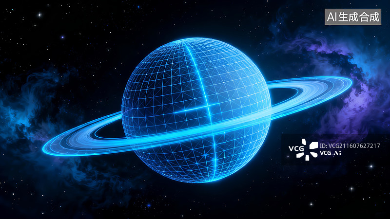 【AI数字艺术】科技感蓝色数字土星 3D 渲染 网格光环星空未来感科技素材图片素材