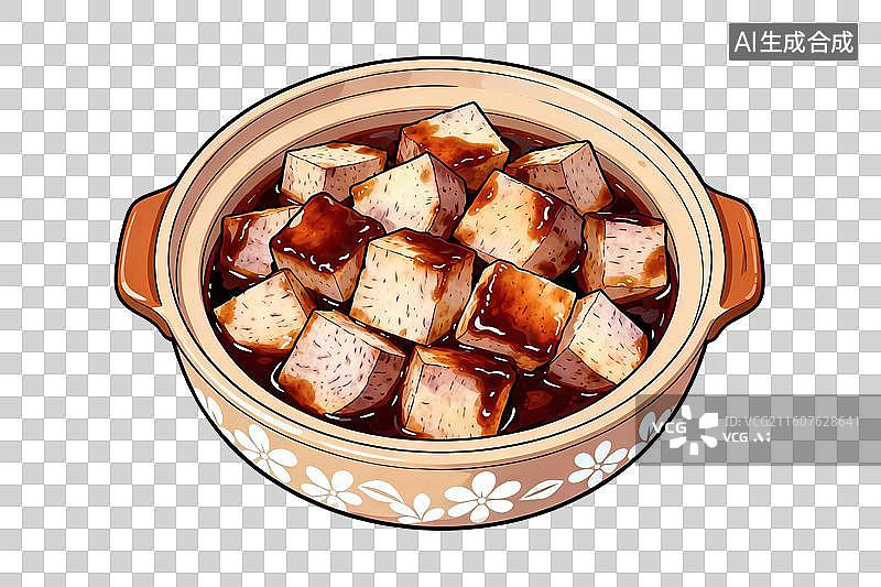 【AI数字艺术】卡通风格，砂锅中美味的红烧芋头PNG格式的免扣元素图片素材