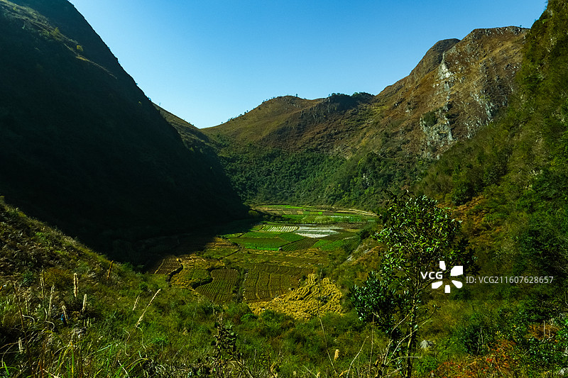 中国贵州六枝特区郎岱镇大山里的零碎土地 、芦苇花、喀斯特山峰，乌蒙山国家地质公园，乌蒙深处图片素材