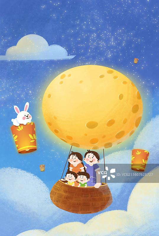 中秋节一家人热气球旅行唯美治愈系竖图插画图片素材