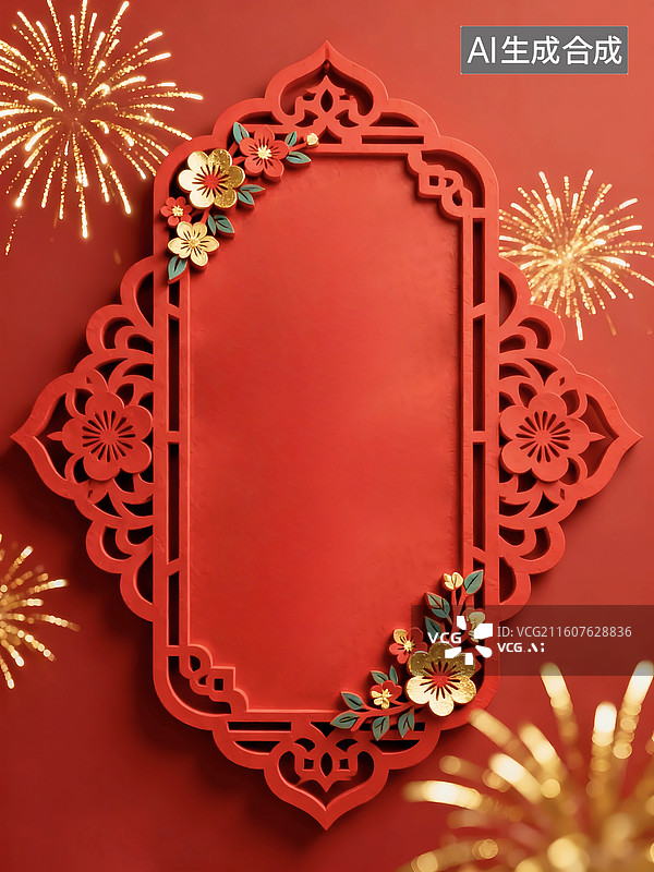 【AI数字艺术】红色喜庆烟花花窗边框新年背景图片素材