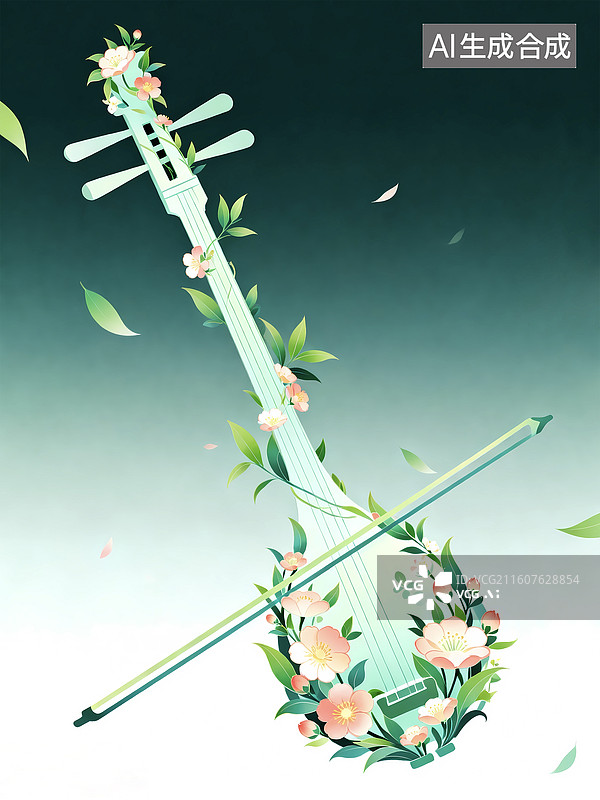 【AI数字艺术】国风音乐春天节气扁平化二胡中式插画图片素材