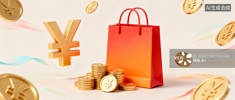 【AI数字艺术】购物袋与金币环绕图片素材