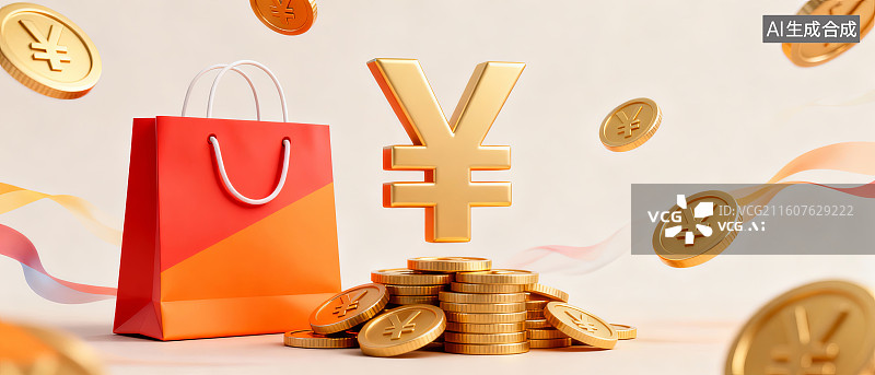 【AI数字艺术】金币与购物袋象征财富图片素材