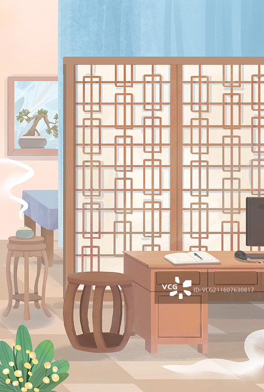 手绘中医中式室内诊室布局竖图背景图片素材