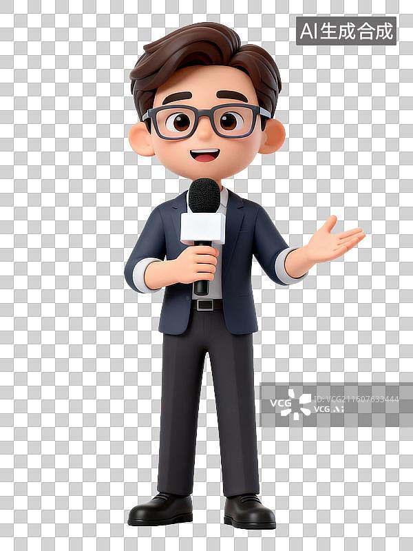 【AI数字艺术】手持麦克风做手势的卡通记者图片素材