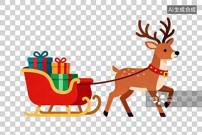 【AI数字艺术】卡通风格，驯鹿拉着的雪橇中装满了圣诞礼物PNG格式的免扣元素图片素材
