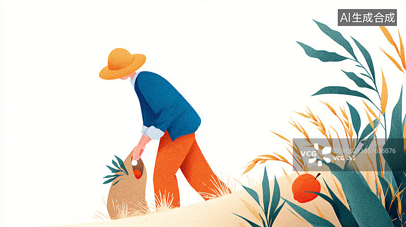 【AI数字艺术】农夫收粮田园丰收劳作插画图片素材