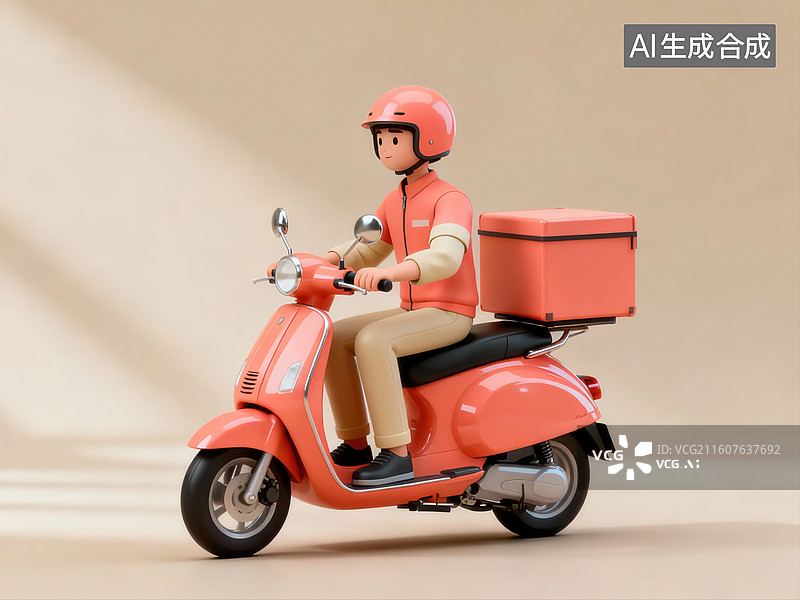 【AI数字艺术】骑红色电动车的送餐员图片素材