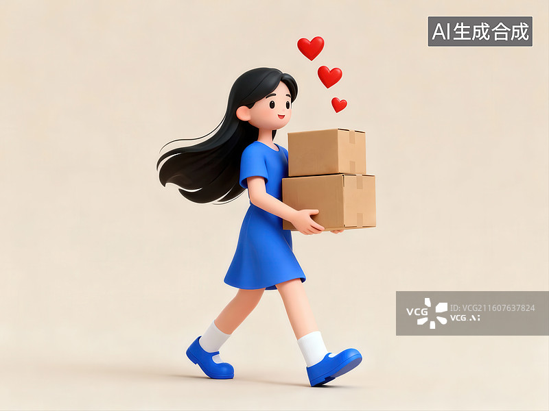 【AI数字艺术】女孩搬运纸箱，头顶爱心图片素材