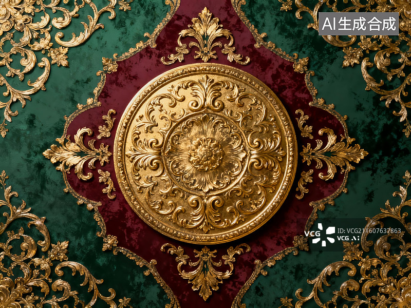 【AI数字艺术】古典华丽装饰艺术 金色圆形花纹盘 红绿配色欧式装饰图片素材
