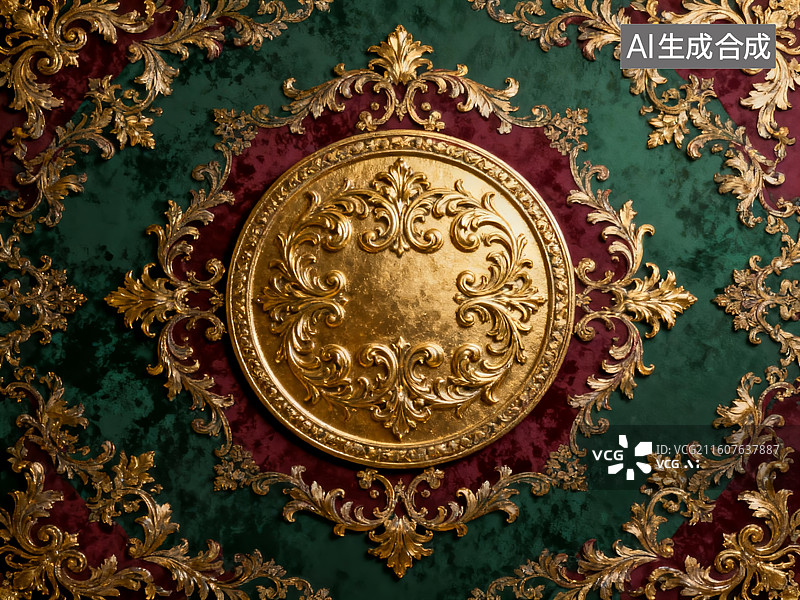 【AI数字艺术】古典华丽装饰艺术 金色圆形花纹盘 红绿配色欧式装饰图片素材