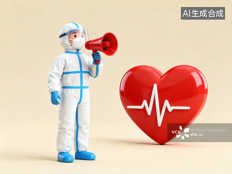 【AI数字艺术】医护人员手持扩音器与心跳心形图片素材