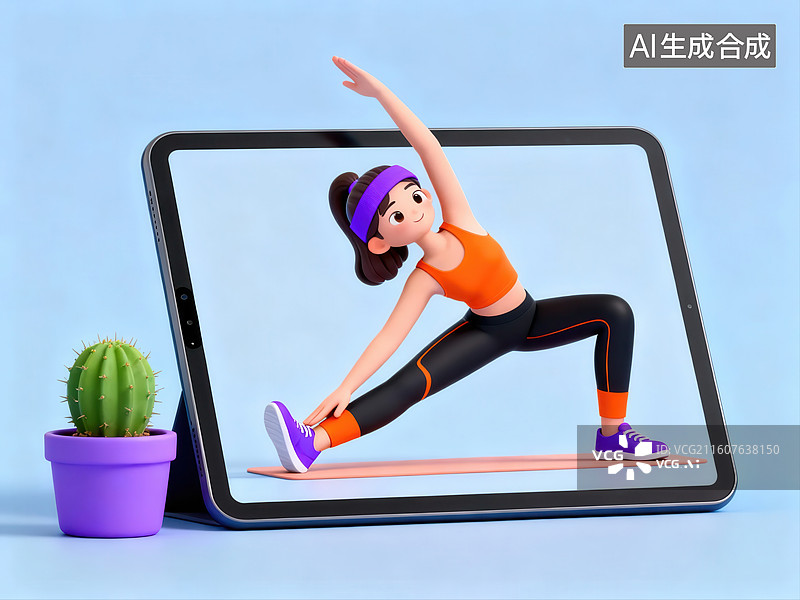 【AI数字艺术】平板显示卡通人物做瑜伽图片素材