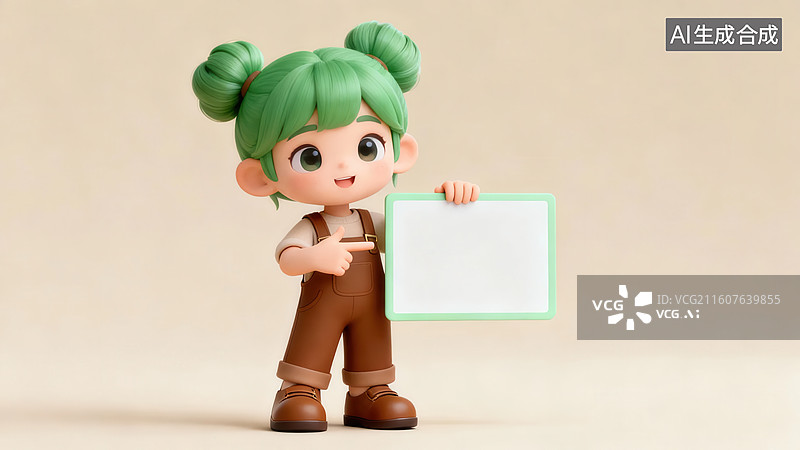 【AI数字艺术】绿色头发女孩手持空白板图片素材