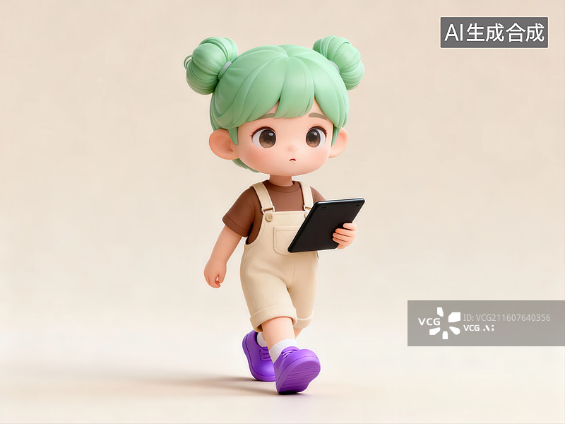 【AI数字艺术】绿色头发女孩手持平板行走图片素材