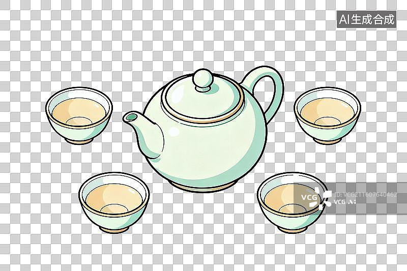 【AI数字艺术】卡通风格，一套茶具，一个茶壶与四个茶杯PNG格式的免扣元素图片素材