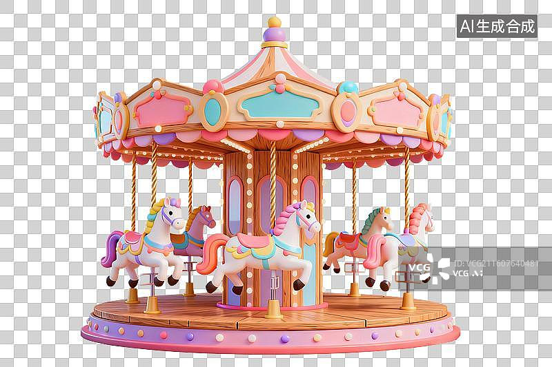 【AI数字艺术】卡通风格，游乐园设施，一座旋转木马PNG格式的免扣元素图片素材