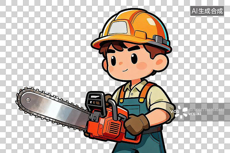 【AI数字艺术】卡通风格，手拿电锯的伐木工人PNG格式的免扣元素图片素材