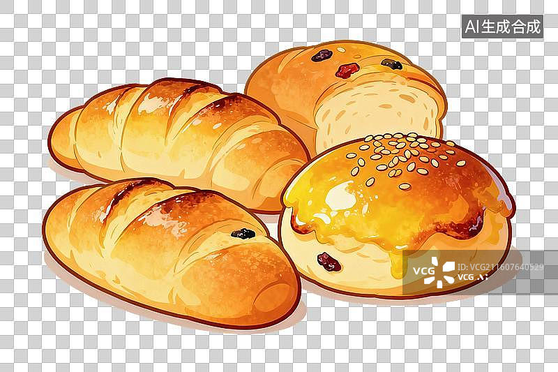 【AI数字艺术】卡通风格，几块色泽诱人的面包PNG格式的免扣元素图片素材