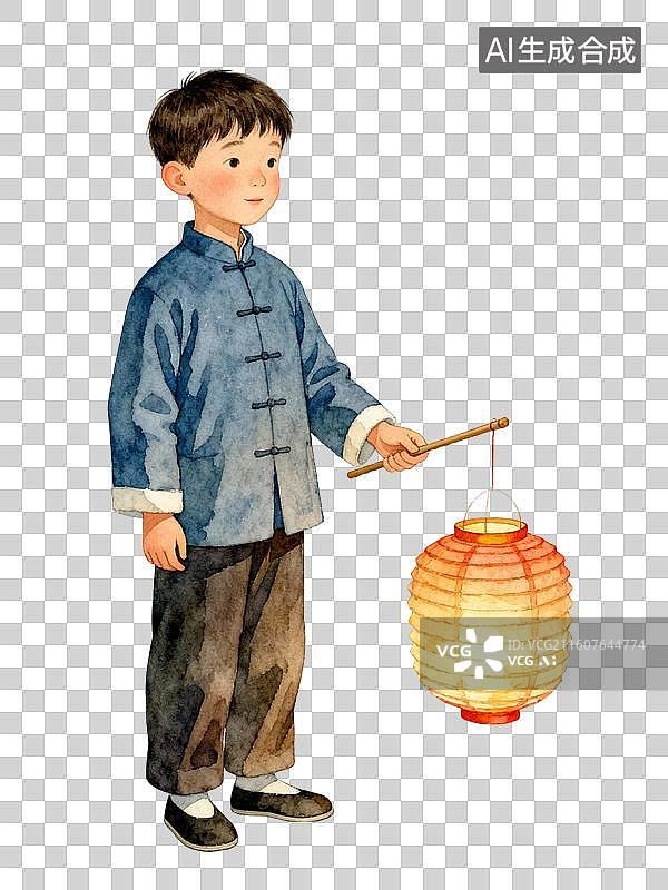 【AI数字艺术】提着灯笼的小男孩 元宵节主题插画图片素材