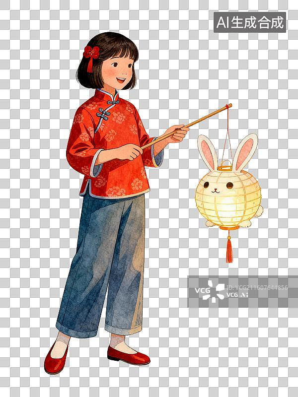 【AI数字艺术】提着兔子灯笼的女孩 元宵节主题插画图片素材