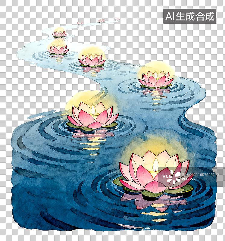 【AI数字艺术】河里的荷花灯 元宵节主题插画图片素材