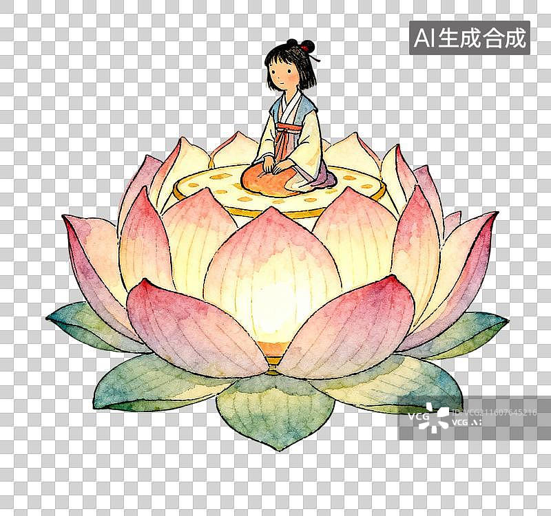 【AI数字艺术】坐在荷花灯上冥想的女孩 元宵节主题插画图片素材