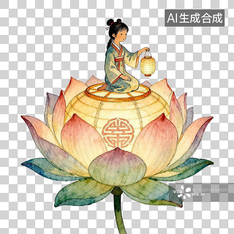 【AI数字艺术】提着荷花灯坐在荷花灯上的女人 元宵节主题插画图片素材