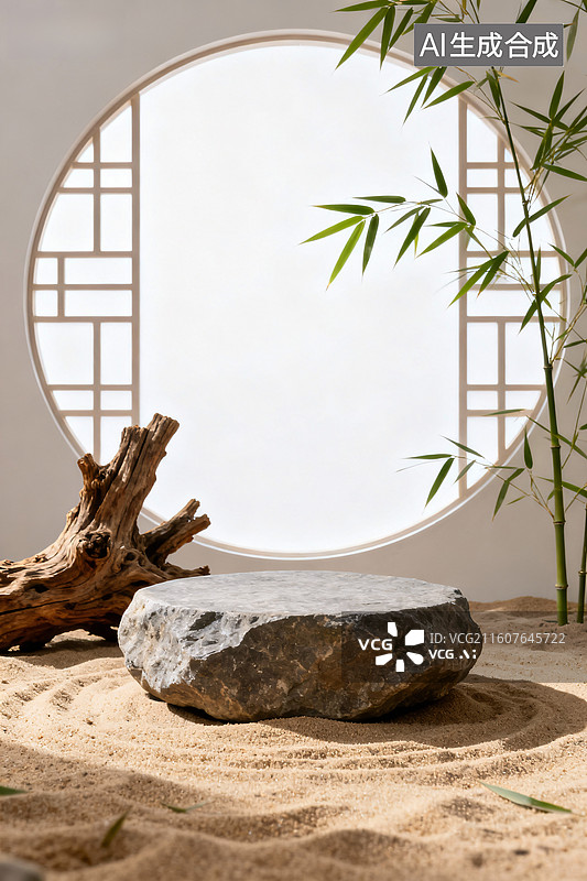 【AI数字艺术】中式庭院枯山水景观展台背景图片素材
