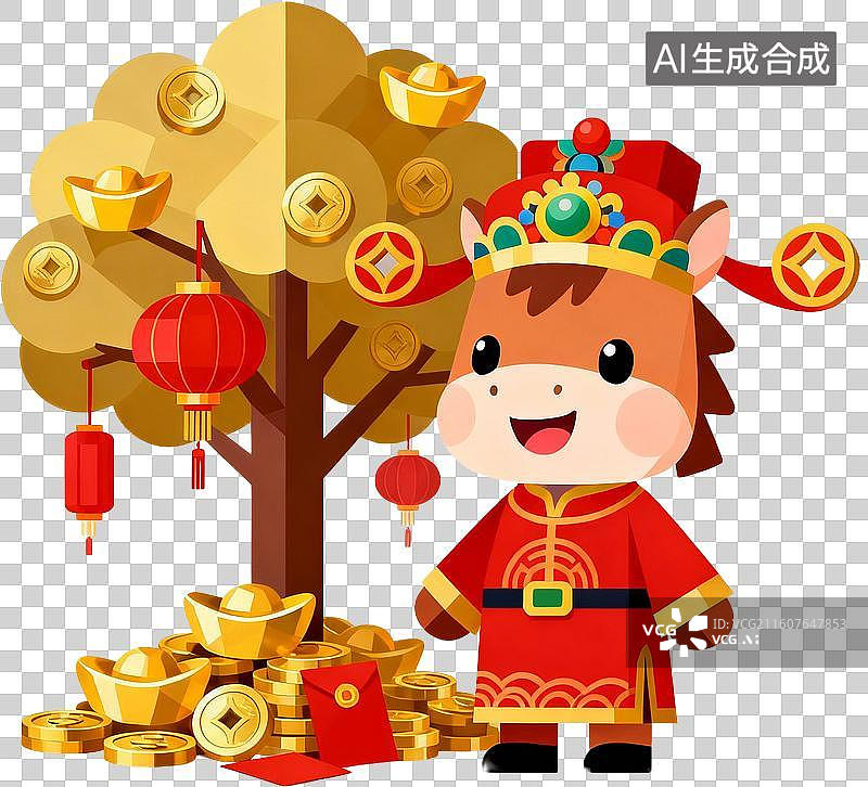 【AI数字艺术】卡通3D立体插画2026年十二生肖马年新年春节聚宝盆摇钱树发财树红包金币插画元素免抠图形图片素材
