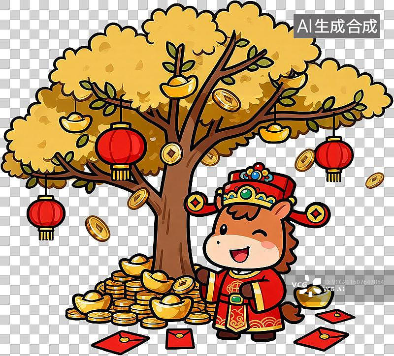 【AI数字艺术】卡通3D立体插画2026年十二生肖马年新年春节聚宝盆摇钱树发财树红包金币插画元素免抠图形图片素材