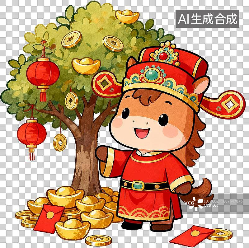 【AI数字艺术】卡通3D立体插画2026年十二生肖马年新年春节聚宝盆摇钱树发财树红包金币插画元素免抠图形图片素材