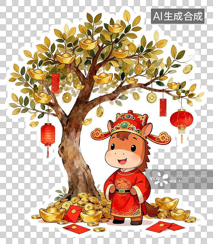 【AI数字艺术】卡通3D立体插画2026年十二生肖马年新年春节聚宝盆摇钱树发财树红包金币插画元素免抠图形图片素材