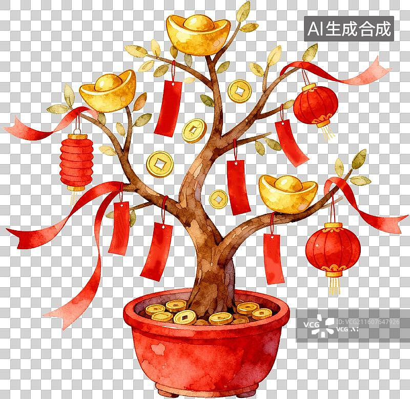 【AI数字艺术】卡通3D立体插画2026年十二生肖马年新年春节聚宝盆摇钱树发财树红包金币插画元素免抠图形图片素材