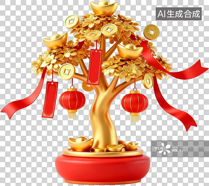 【AI数字艺术】卡通3D立体插画2026年十二生肖马年新年春节聚宝盆摇钱树发财树红包金币插画元素免抠图形图片素材