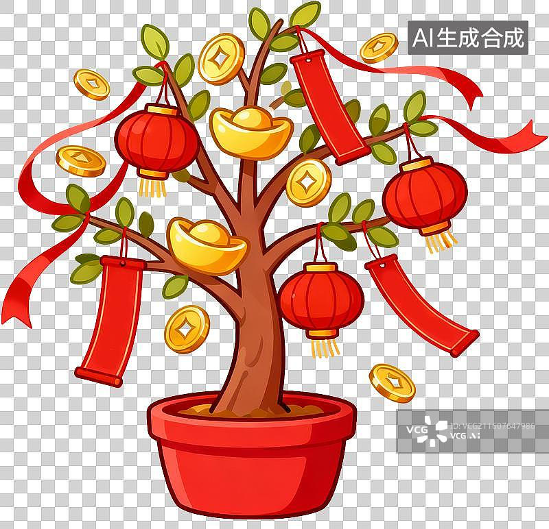 【AI数字艺术】卡通3D立体插画2026年十二生肖马年新年春节聚宝盆摇钱树发财树红包金币插画元素免抠图形图片素材