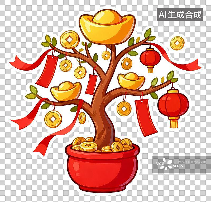 【AI数字艺术】卡通3D立体插画2026年十二生肖马年新年春节聚宝盆摇钱树发财树红包金币插画元素免抠图形图片素材