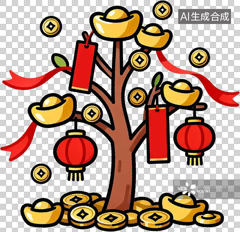 【AI数字艺术】卡通3D立体插画2026年十二生肖马年新年春节聚宝盆摇钱树发财树红包金币插画元素免抠图形图片素材