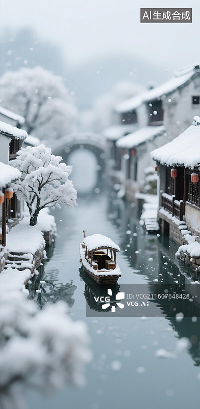 【AI数字艺术】水乡古镇雪景微缩景观海报图片素材