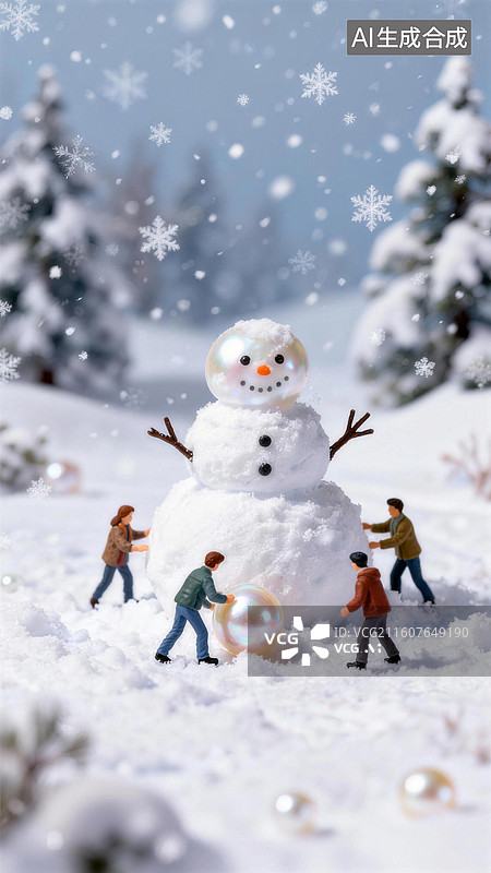 【AI数字艺术】微距风格二十四节气大雪插画几个人堆雪人堆雪球图片素材