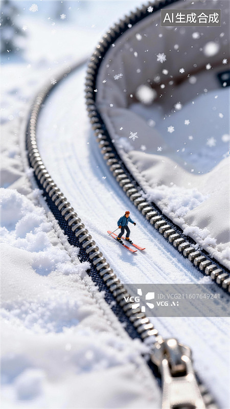 【AI数字艺术】微距风格二十四节气大雪插画一个人在衣服拉链上滑雪，滑雪雪道图片素材