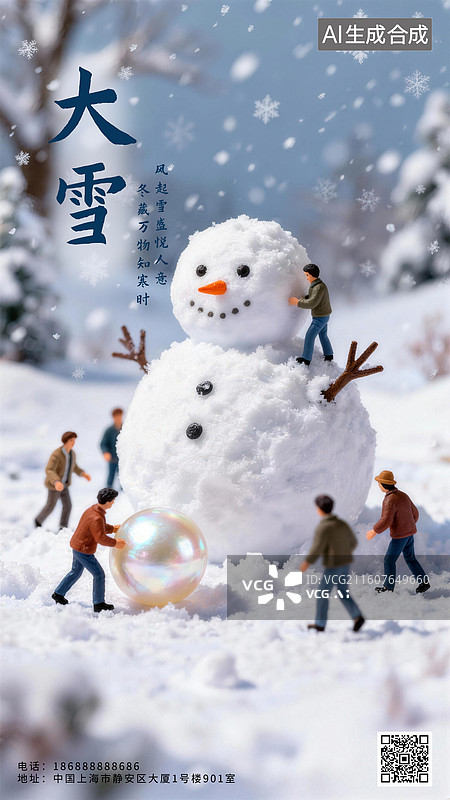 【AI数字艺术】微距风格二十四节气大雪插画几个人堆雪人堆雪球图片素材